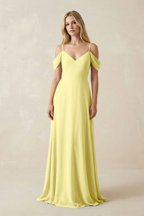 Off - the - Shoulder Chiffon A - Line Maxi Bridesmaid Dress in Buttercup - KissProm Bridesmaid Dresses