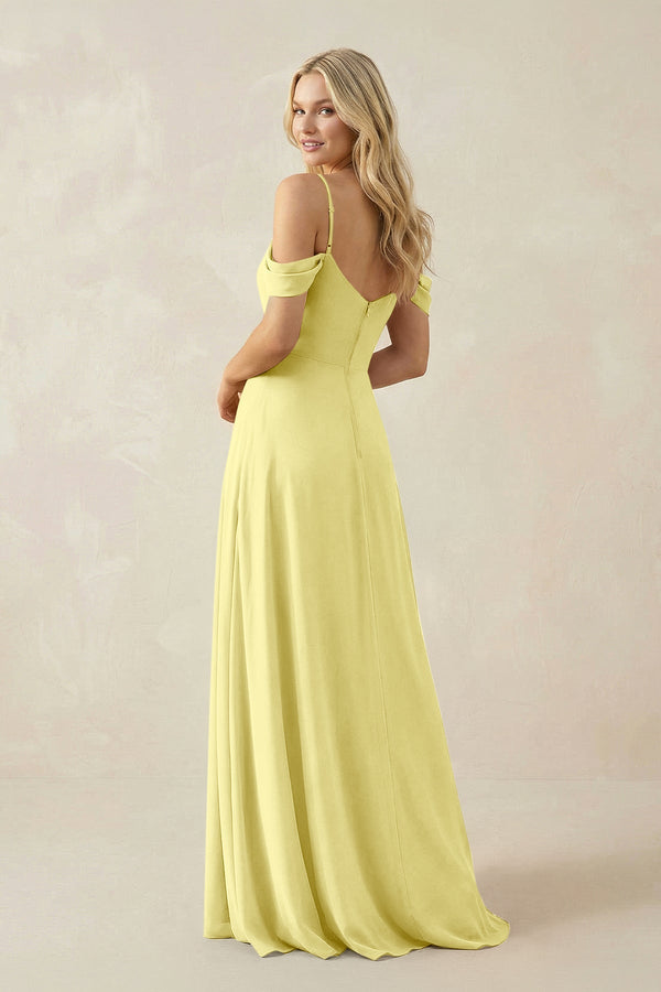 Off - the - Shoulder Chiffon A - Line Maxi Bridesmaid Dress in Buttercup - KissProm Bridesmaid Dresses