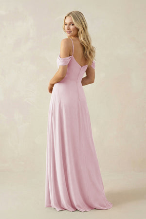 Off - the - Shoulder Chiffon A - Line Maxi Bridesmaid Dress in Candy Pink - KissProm Bridesmaid Dresses