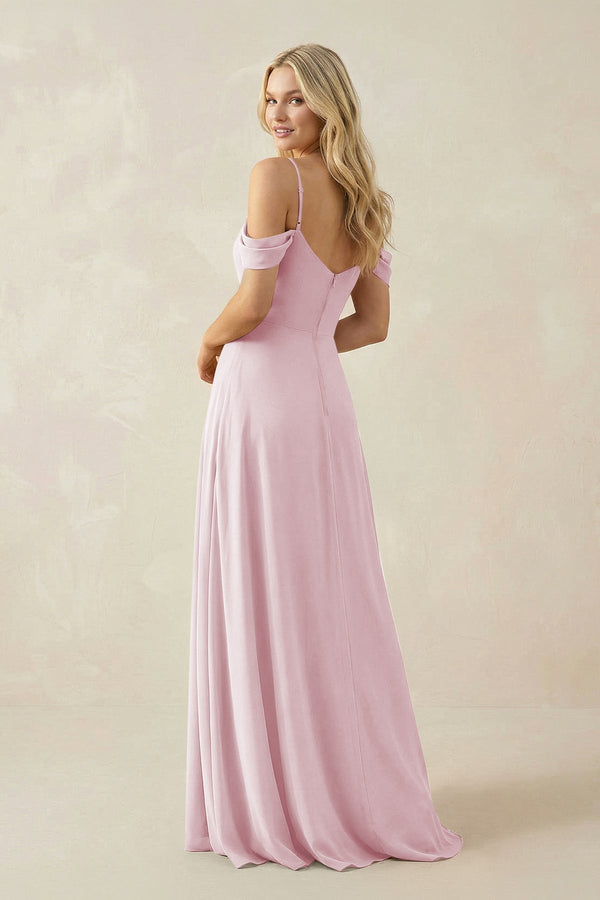 Off - the - Shoulder Chiffon A - Line Maxi Bridesmaid Dress in Candy Pink - KissProm Bridesmaid Dresses