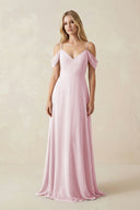 Off - the - Shoulder Chiffon A - Line Maxi Bridesmaid Dress in Candy Pink - KissProm Bridesmaid Dresses