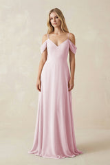 Off - the - Shoulder Chiffon A - Line Maxi Bridesmaid Dress in Candy Pink - KissProm Bridesmaid Dresses