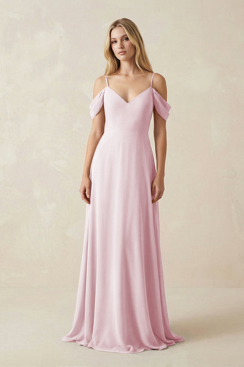 Off - the - Shoulder Chiffon A - Line Maxi Bridesmaid Dress in Candy Pink - KissProm Bridesmaid Dresses