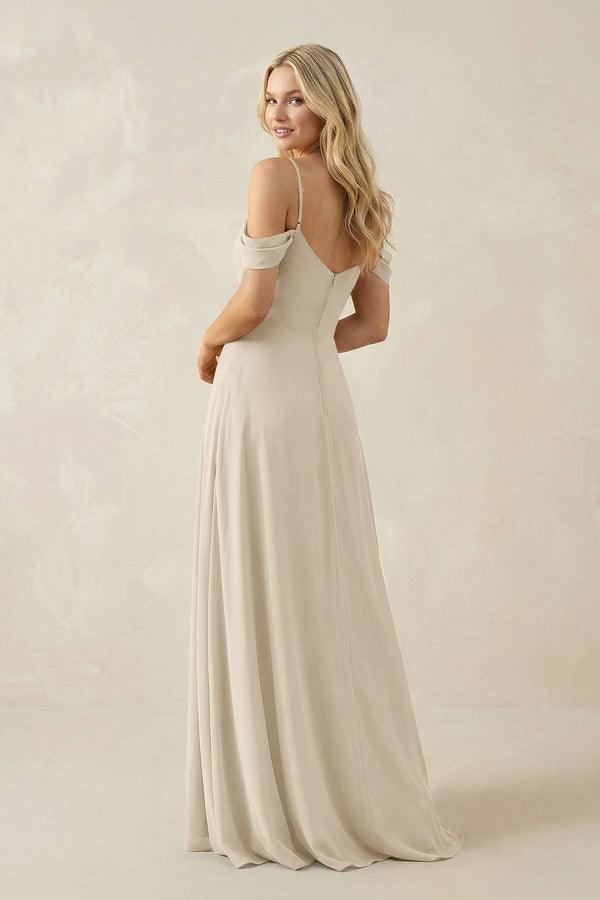 Off - the - Shoulder Chiffon A - Line Maxi Bridesmaid Dress in Champagne - KissProm Bridesmaid Dresses