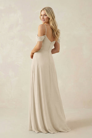 Off - the - Shoulder Chiffon A - Line Maxi Bridesmaid Dress in Champagne - KissProm Bridesmaid Dresses
