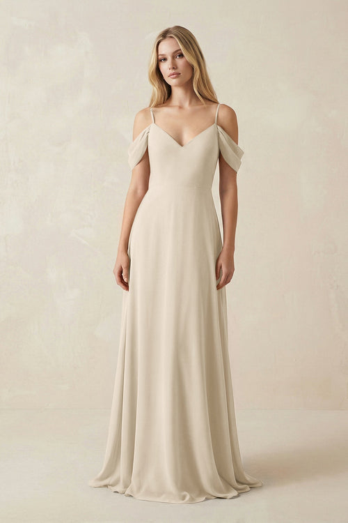 Off - the - Shoulder Chiffon A - Line Maxi Bridesmaid Dress in Champagne - KissProm Bridesmaid Dresses