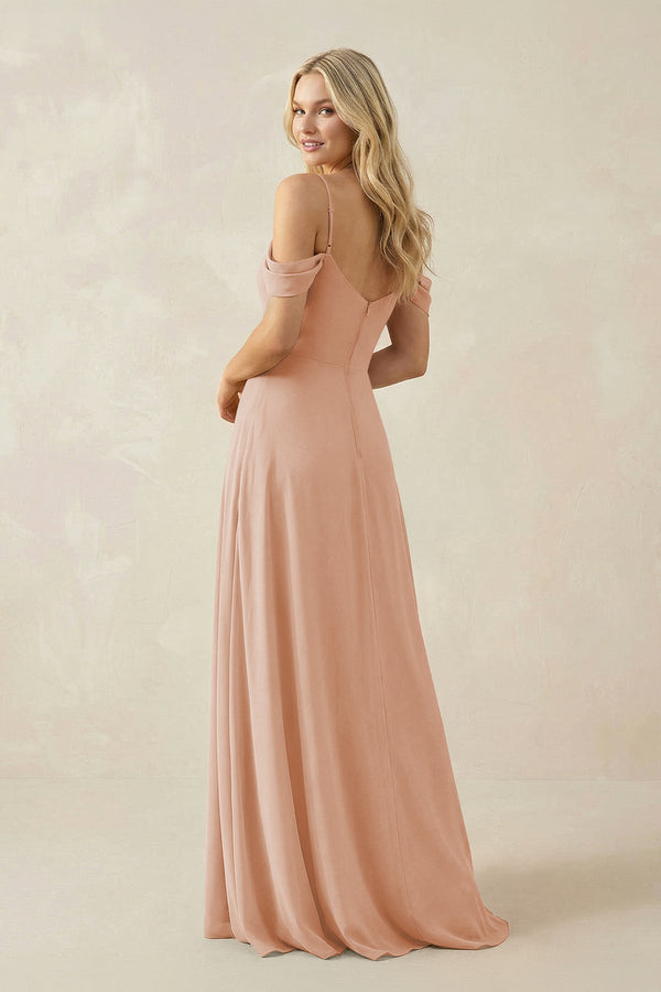 Off - the - Shoulder Chiffon A - Line Maxi Bridesmaid Dress in Champagne Rose - KissProm Bridesmaid Dresses