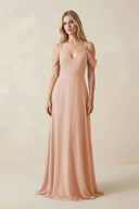 Off - the - Shoulder Chiffon A - Line Maxi Bridesmaid Dress in Champagne Rose - KissProm Bridesmaid Dresses