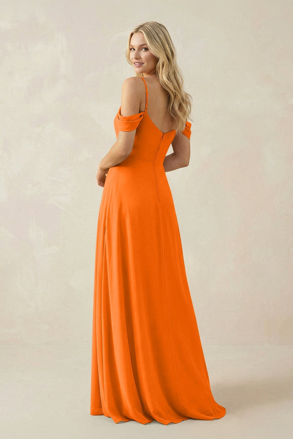 Off - the - Shoulder Chiffon A - Line Maxi Bridesmaid Dress in Cinnamon - KissProm Bridesmaid Dresses