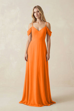 Off - the - Shoulder Chiffon A - Line Maxi Bridesmaid Dress in Cinnamon - KissProm Bridesmaid Dresses