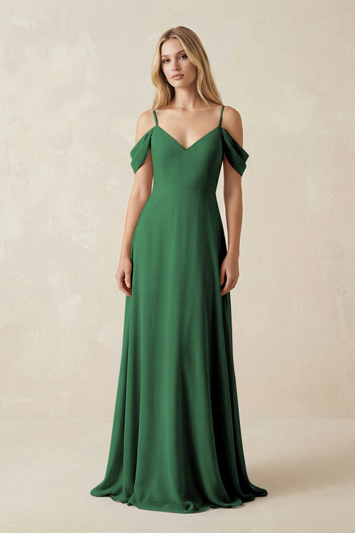 Off - the - Shoulder Chiffon A - Line Maxi Bridesmaid Dress in Dark Green - KissProm Bridesmaid Dresses