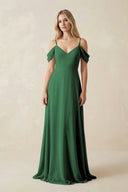 Off - the - Shoulder Chiffon A - Line Maxi Bridesmaid Dress in Dark Green - KissProm Bridesmaid Dresses