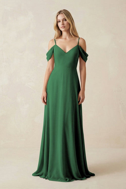 Off - the - Shoulder Chiffon A - Line Maxi Bridesmaid Dress in Dark Green - KissProm Bridesmaid Dresses