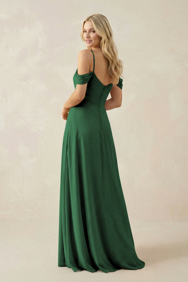 Off - the - Shoulder Chiffon A - Line Maxi Bridesmaid Dress in Dark Green - KissProm Bridesmaid Dresses