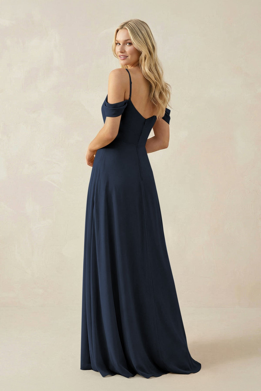 Off - the - Shoulder Chiffon A - Line Maxi Bridesmaid Dress in Dark Navy - KissProm Bridesmaid Dresses