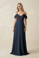 Off - the - Shoulder Chiffon A - Line Maxi Bridesmaid Dress in Dark Navy - KissProm Bridesmaid Dresses