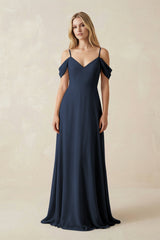 Off - the - Shoulder Chiffon A - Line Maxi Bridesmaid Dress in Dark Navy - KissProm Bridesmaid Dresses