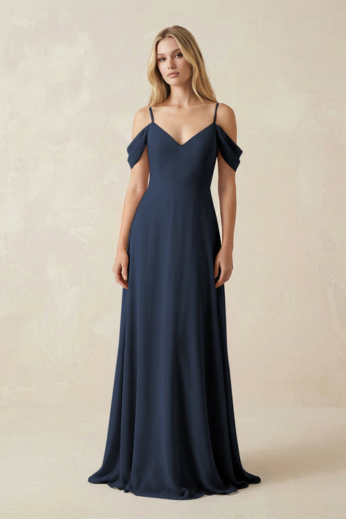 Off - the - Shoulder Chiffon A - Line Maxi Bridesmaid Dress in Dark Navy - KissProm Bridesmaid Dresses
