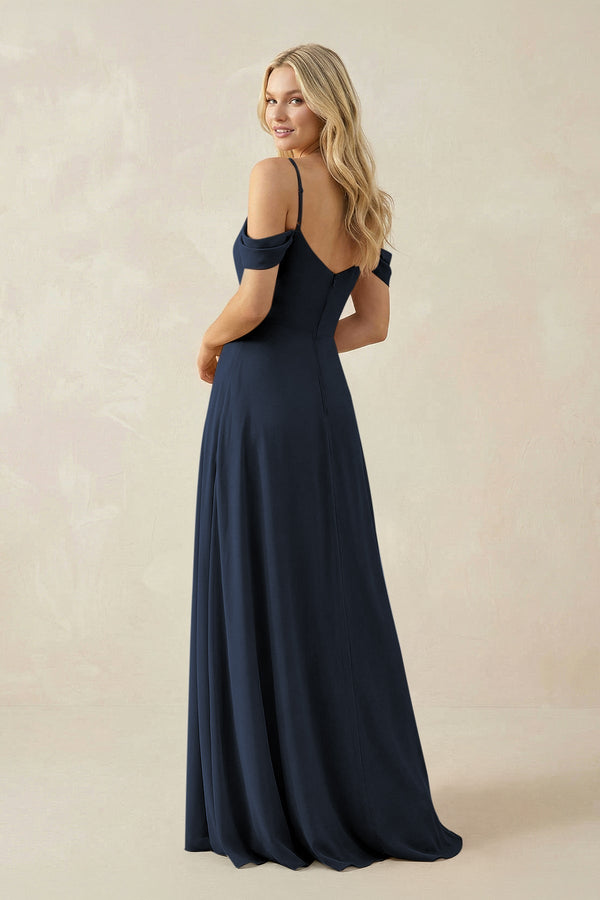 Off - the - Shoulder Chiffon A - Line Maxi Bridesmaid Dress in Dark Navy - KissProm Bridesmaid Dresses
