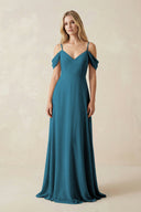 Off - the - Shoulder Chiffon A - Line Maxi Bridesmaid Dress in Dark Teal - KissProm Bridesmaid Dresses