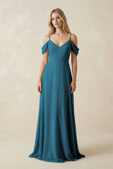 Off - the - Shoulder Chiffon A - Line Maxi Bridesmaid Dress in Dark Teal - KissProm Bridesmaid Dresses