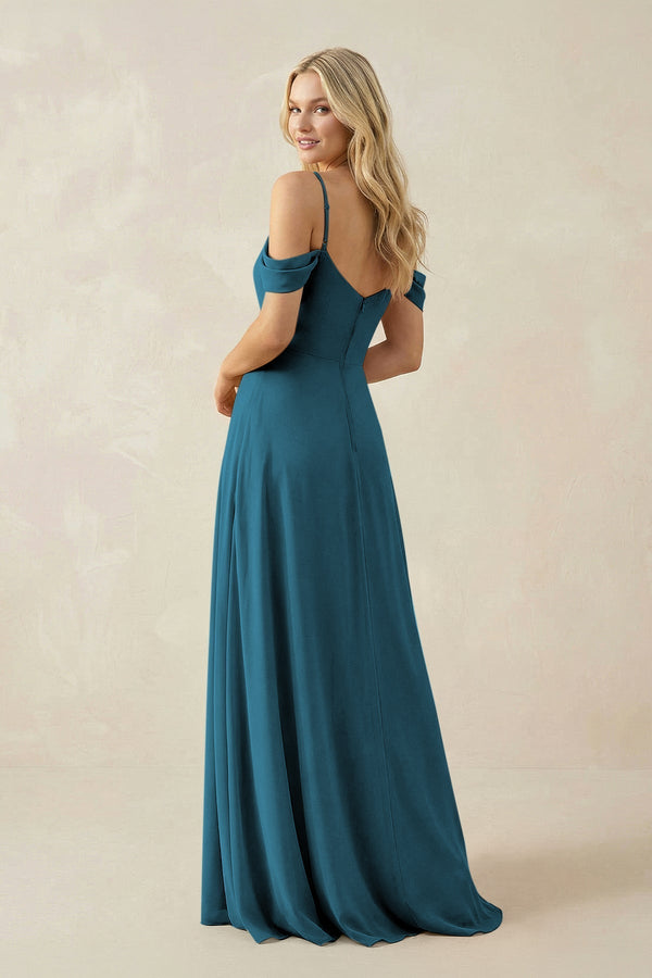 Off - the - Shoulder Chiffon A - Line Maxi Bridesmaid Dress in Dark Teal - KissProm Bridesmaid Dresses