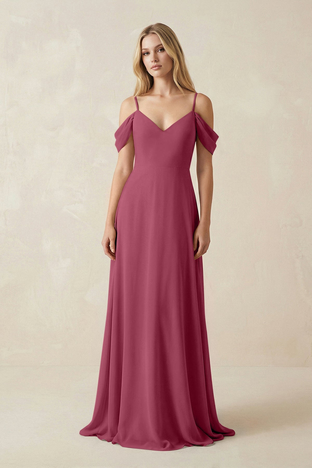 Off - the - Shoulder Chiffon A - Line Maxi Bridesmaid Dress in Desert Rose - KissProm Bridesmaid Dresses