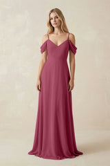 Off - the - Shoulder Chiffon A - Line Maxi Bridesmaid Dress in Desert Rose - KissProm Bridesmaid Dresses