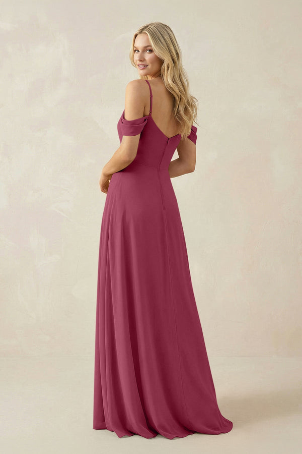 Off - the - Shoulder Chiffon A - Line Maxi Bridesmaid Dress in Desert Rose - KissProm Bridesmaid Dresses