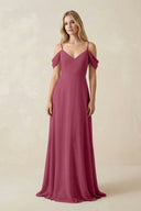 Off - the - Shoulder Chiffon A - Line Maxi Bridesmaid Dress in Desert Rose - KissProm Bridesmaid Dresses