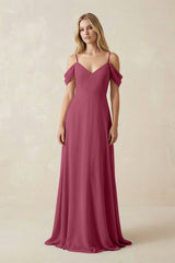 Off - the - Shoulder Chiffon A - Line Maxi Bridesmaid Dress in Desert Rose - KissProm Bridesmaid Dresses