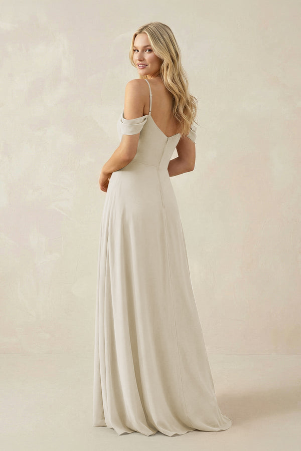 Off - the - Shoulder Chiffon A - Line Maxi Bridesmaid Dress in Dove Gray - KissProm Bridesmaid Dresses
