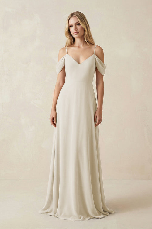 Off - the - Shoulder Chiffon A - Line Maxi Bridesmaid Dress in Dove Gray - KissProm Bridesmaid Dresses