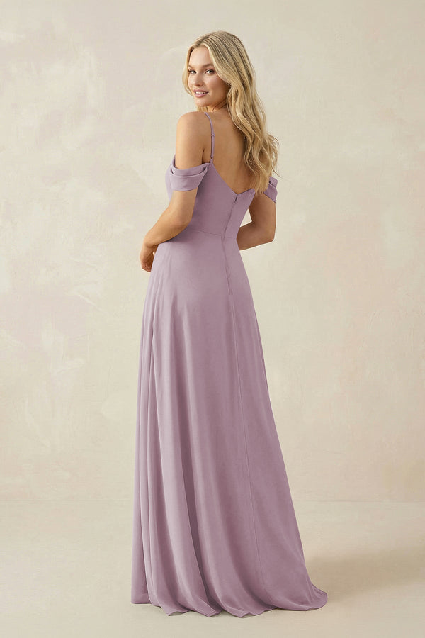 Off - the - Shoulder Chiffon A - Line Maxi Bridesmaid Dress in Dusk - KissProm Bridesmaid Dresses