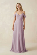 Off - the - Shoulder Chiffon A - Line Maxi Bridesmaid Dress in Dusk - KissProm Bridesmaid Dresses