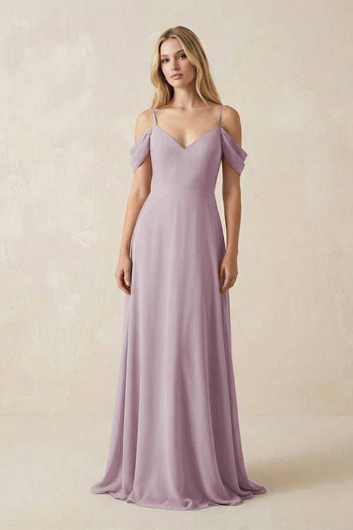 Off - the - Shoulder Chiffon A - Line Maxi Bridesmaid Dress in Dusk - KissProm Bridesmaid Dresses