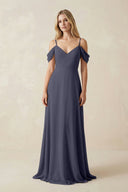 Off - the - Shoulder Chiffon A - Line Maxi Bridesmaid Dress in Dusk Blue - KissProm Bridesmaid Dresses