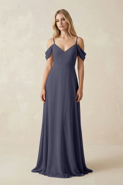 Off - the - Shoulder Chiffon A - Line Maxi Bridesmaid Dress in Dusk Blue - KissProm Bridesmaid Dresses