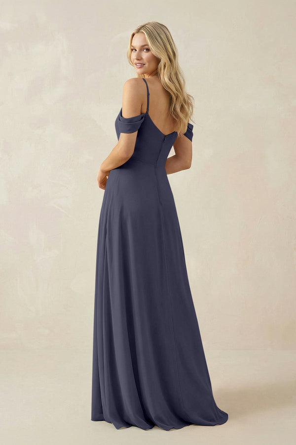 Off - the - Shoulder Chiffon A - Line Maxi Bridesmaid Dress in Dusk Blue - KissProm Bridesmaid Dresses