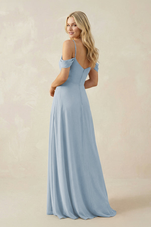 Off - the - Shoulder Chiffon A - Line Maxi Bridesmaid Dress in Dusty Blue - KissProm Bridesmaid Dresses