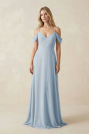 Off - the - Shoulder Chiffon A - Line Maxi Bridesmaid Dress in Dusty Blue - KissProm Bridesmaid Dresses