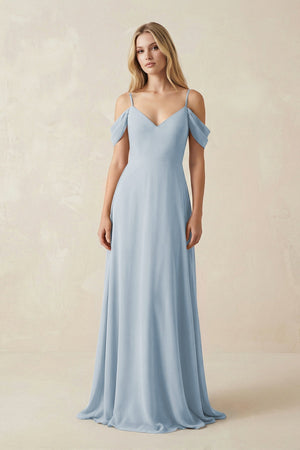 Off - the - Shoulder Chiffon A - Line Maxi Bridesmaid Dress in Dusty Blue - KissProm Bridesmaid Dresses