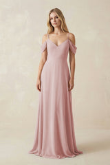 Off - the - Shoulder Chiffon A - Line Maxi Bridesmaid Dress in Dusty Rose - KissProm Bridesmaid Dresses
