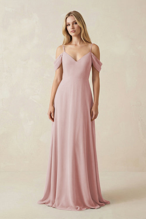 Off - the - Shoulder Chiffon A - Line Maxi Bridesmaid Dress in Dusty Rose - KissProm Bridesmaid Dresses