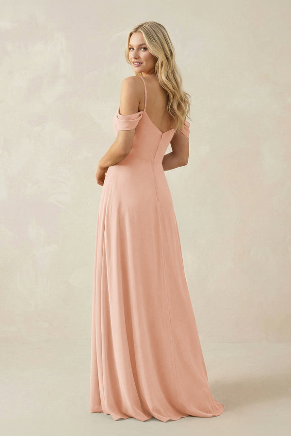 Off - the - Shoulder Chiffon A - Line Maxi Bridesmaid Dress in English Rose - KissProm Bridesmaid Dresses