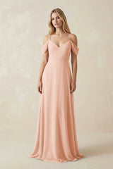 Off - the - Shoulder Chiffon A - Line Maxi Bridesmaid Dress in English Rose - KissProm Bridesmaid Dresses