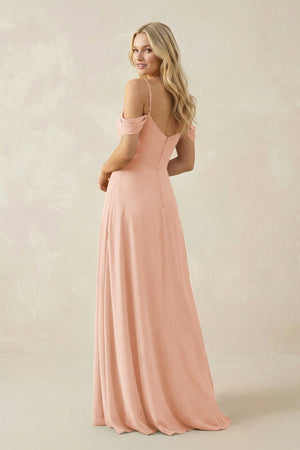 Off - the - Shoulder Chiffon A - Line Maxi Bridesmaid Dress in English Rose - KissProm Bridesmaid Dresses