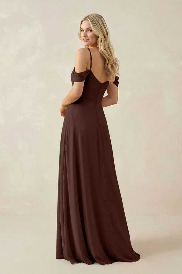 Off - the - Shoulder Chiffon A - Line Maxi Bridesmaid Dress in Espresso - KissProm Bridesmaid Dresses