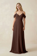 Off - the - Shoulder Chiffon A - Line Maxi Bridesmaid Dress in Espresso - KissProm Bridesmaid Dresses
