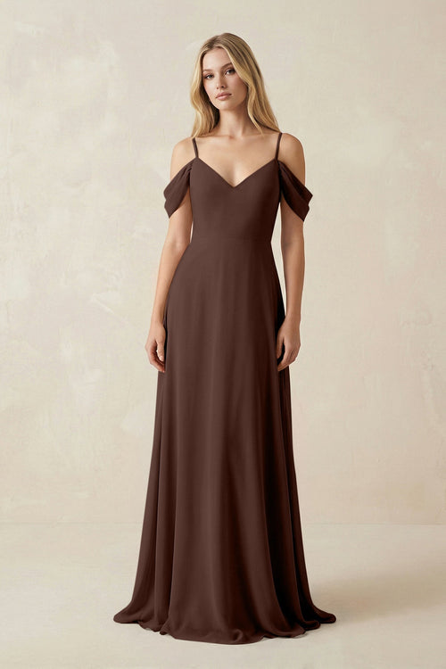 Off - the - Shoulder Chiffon A - Line Maxi Bridesmaid Dress in Espresso - KissProm Bridesmaid Dresses